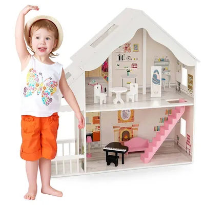 Kids Wooden Dollhouse Semi-opened Diy Playset With Simulated Rooms & Furniture