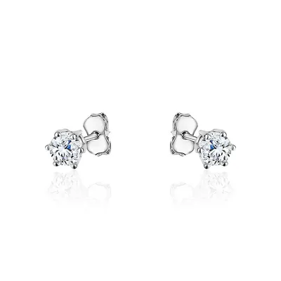 1.0ct 18k White Gold Plated Silver Six Prong Clear Zirconia Stud Earrings