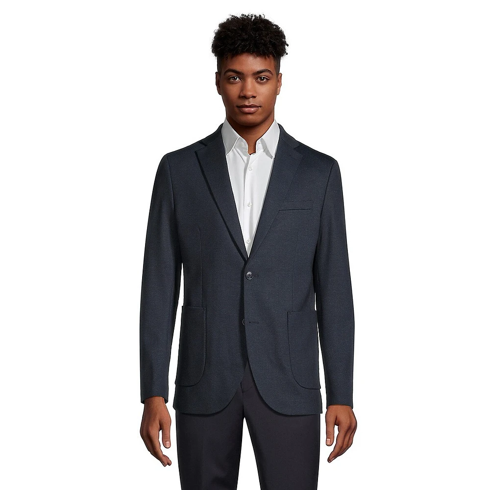 Herringbone Notch-Lapel Patch-Pocket Soft Blazer