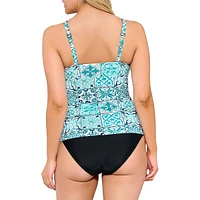 Printed Lace-Up V-Neck Tankini Top