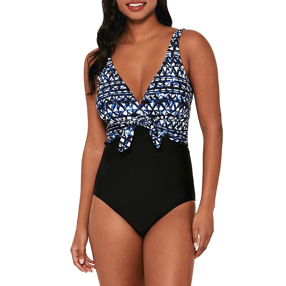 Maillot de bain une pièce imprimé, bonnet D, taille nouée