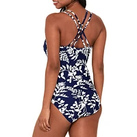 Maillot de bain une pièce imprimé à double bretelles, bonnet D