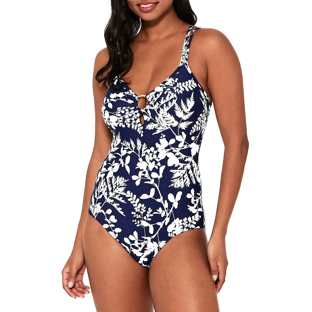 Maillot de bain une pièce imprimé à double bretelles, bonnet D