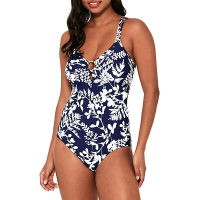 Maillot de bain une pièce imprimé à double bretelles, bonnet D