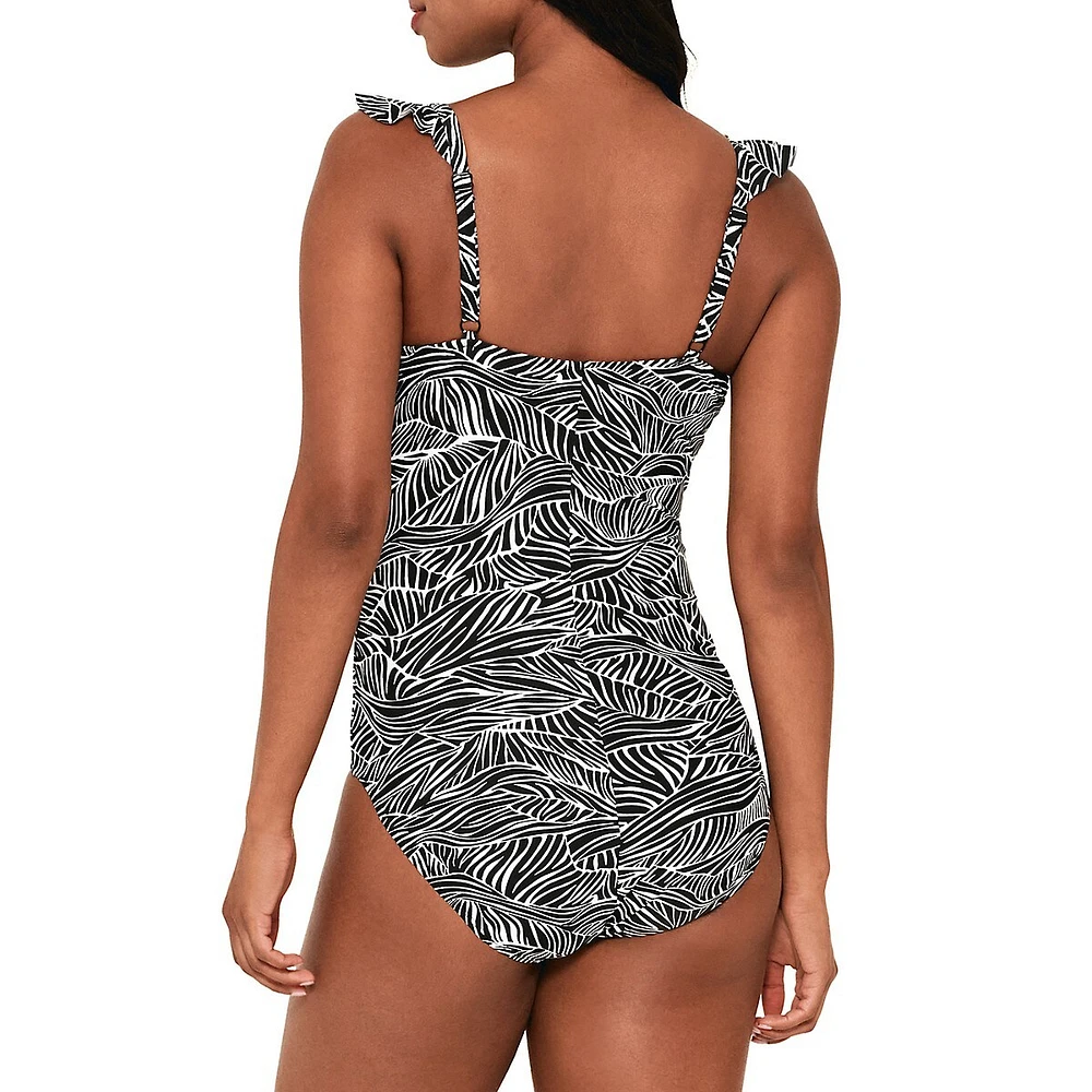 Maillot de bain une pièce imprimé à volants, bonnet D
