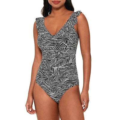 Maillot de bain une pièce imprimé à volants, bonnet D