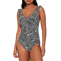 Maillot de bain une pièce imprimé à volants, bonnet D