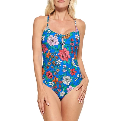 Floral-Print Lace-Up One-Piece Swimsuit