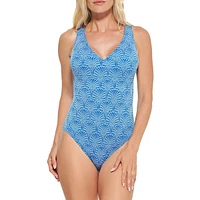 Printed V-Neck One-Piece Swimsuit