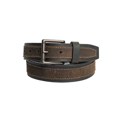 Signature Overlay-Stitched Leather & Dark Antique Copper-Tone Roller Buckle Belt