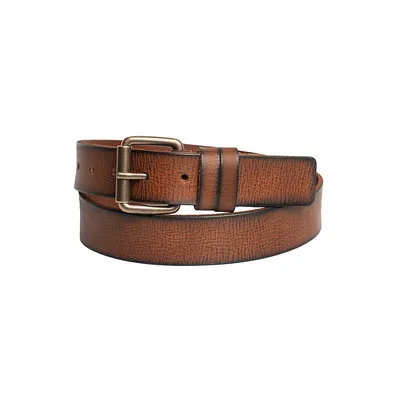 Signature Grained Leather & Brasstone Roller Buckle Belt