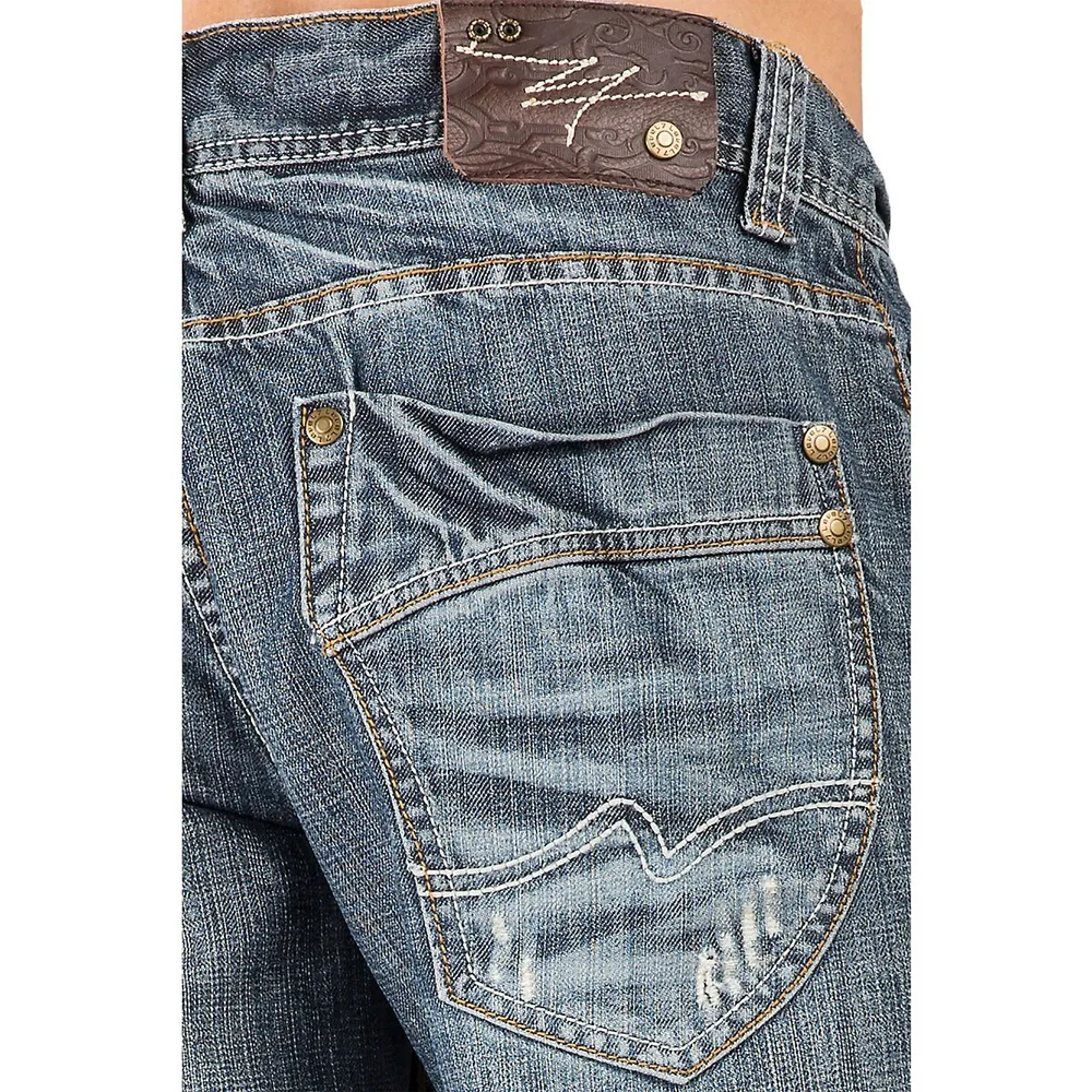Men's Relaxed Straight Premium Denim Jeans Medium Blue Wash & 3d Whisker Scratched