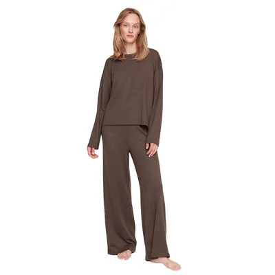 Women Plain Knit T-shirt-trousers Pajama Set