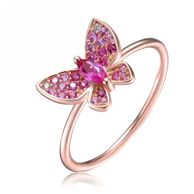 Sterling Silver 18k Rose Gold Plating With Ruby Cubic Zirconia Butterfly Ring