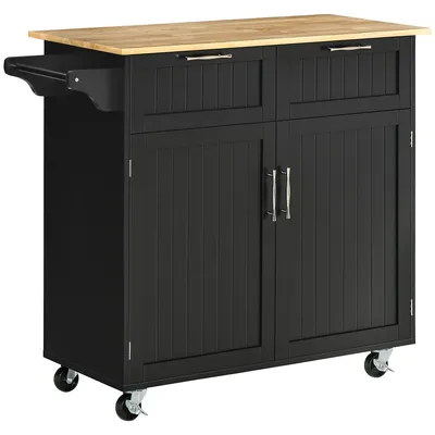 Rolling Kitchen Cart With Rubber Wood Top, Cabinet