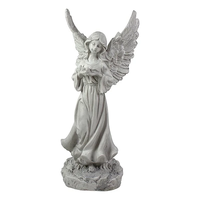 13" Weathered Gray Serene Angel With Dove Outdoor Garden Statue