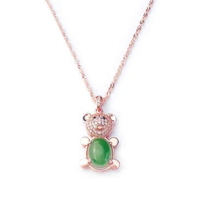 Natural Jade Bear Pendant And 18k Rose Gold Plated Necklace
