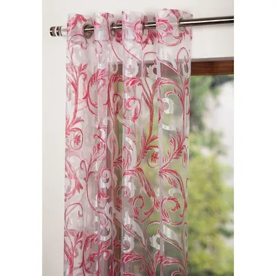 Ready Made Curtain Scroll Pattern Burn Out Sheer, 8 Metal Grommets, String Weight 54"x95" Red Color