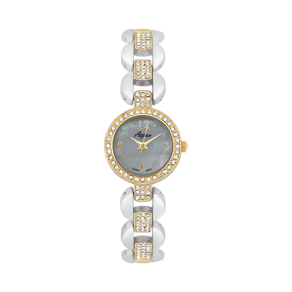 Womens 23.5mm Metal Bracelet Watch, Jewelry-clasp Closure, Round Analog, Removable Links, Crystals, Mother Of Pearl Dial
