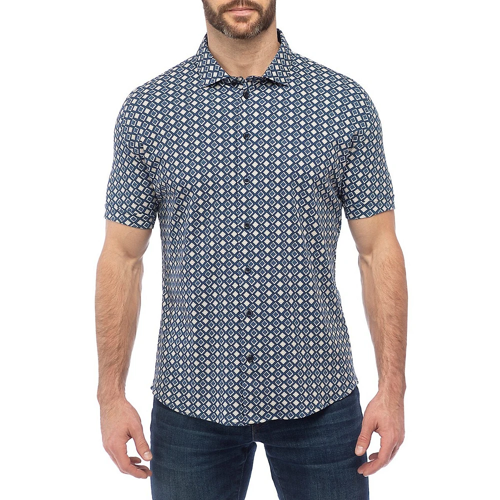 Modern-Fit Geo Tile-Print Stretch Shirt