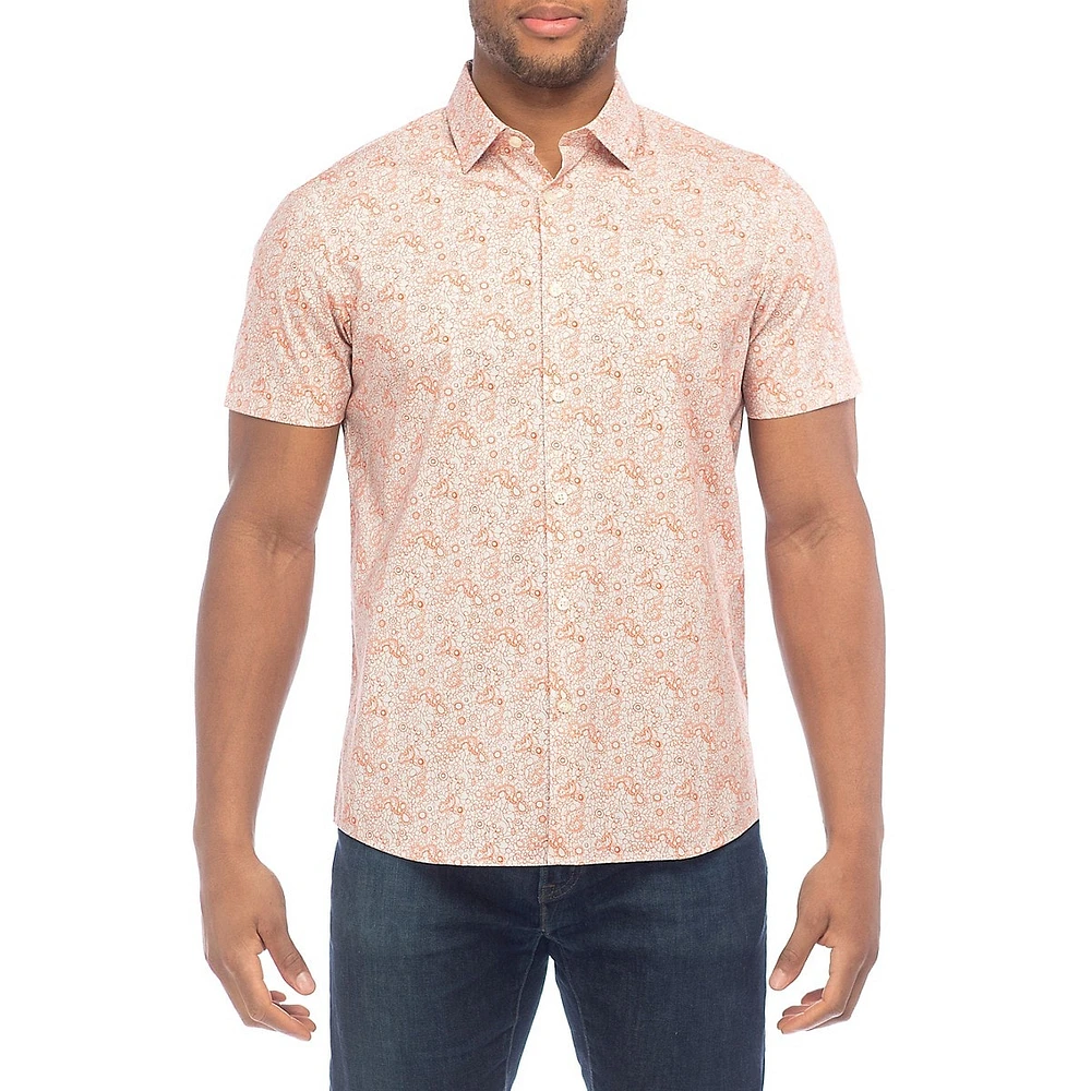 Botanical-Print Short-Sleeve Stretch Shirt