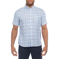 Short-Sleeve Geo-Print Linen Shirt