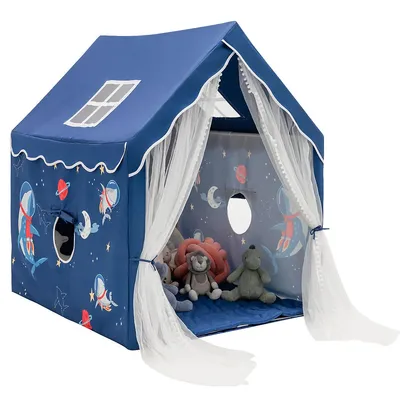 Kids Playhouse Large Children Indoor Play Tent Gift W/ Cotton Mat Longer Curtain Blue