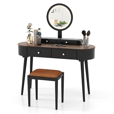 Solid Wood Makeup Vanity Desk Set With Led Lighted Mirror Drawers Cushioned Stool