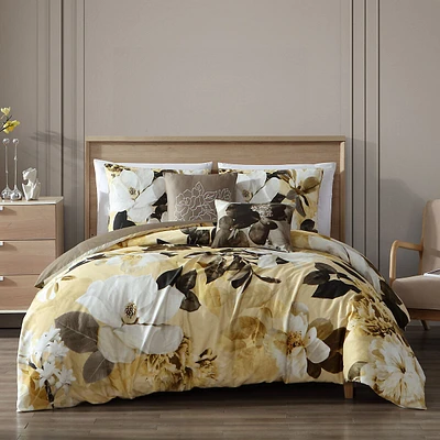 Yellow Magnolia Bedding 100% Cotton 5 Piece Reversible King Comforter Set