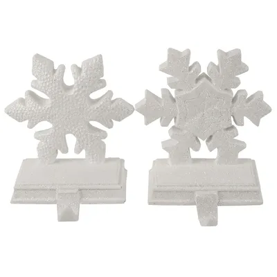 Set Of 2 White Glittered Snowflake Christmas Stocking Holder 6.5"