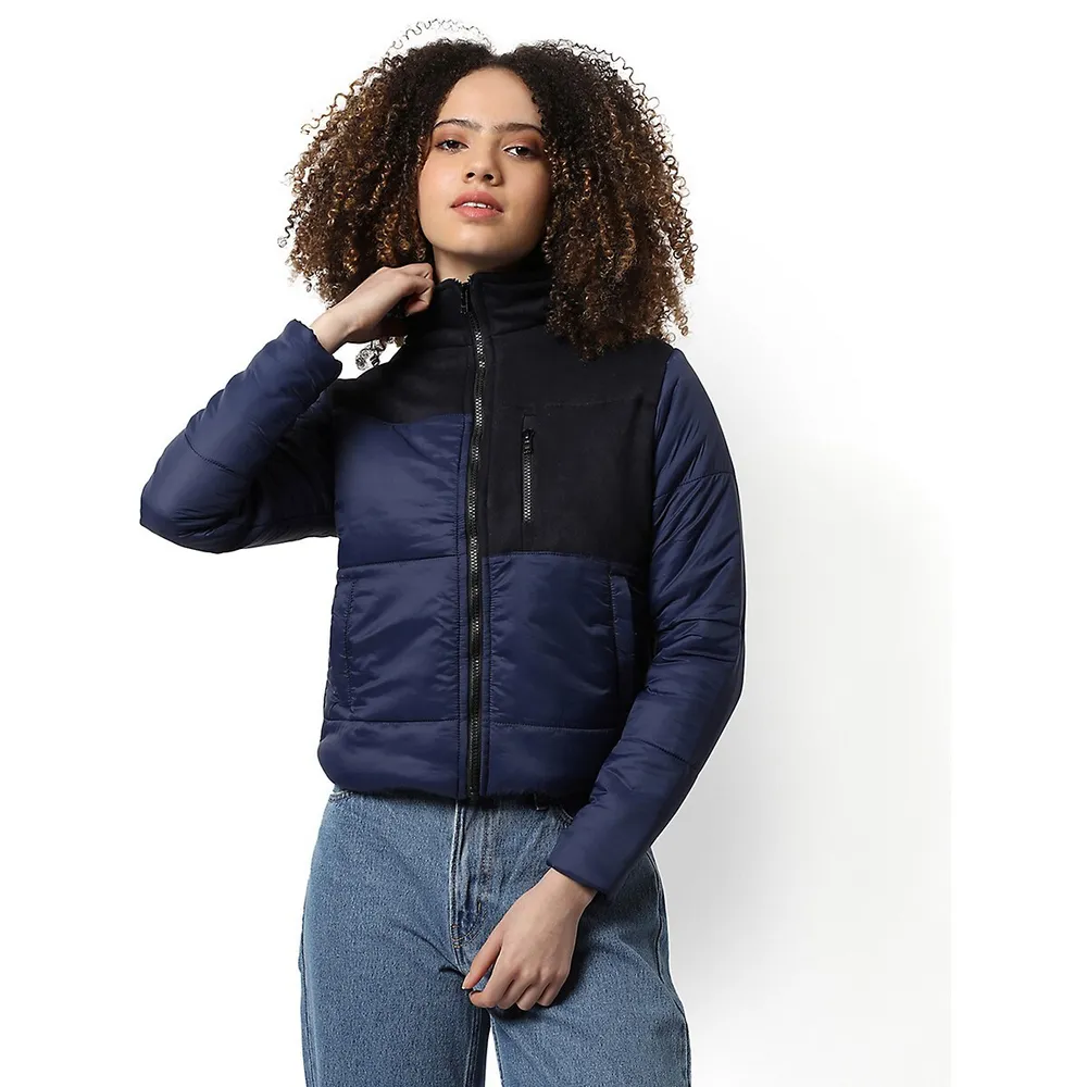 Women's Navy Blue Puffer Regular Fit Bomber Jacket For Winter Wear