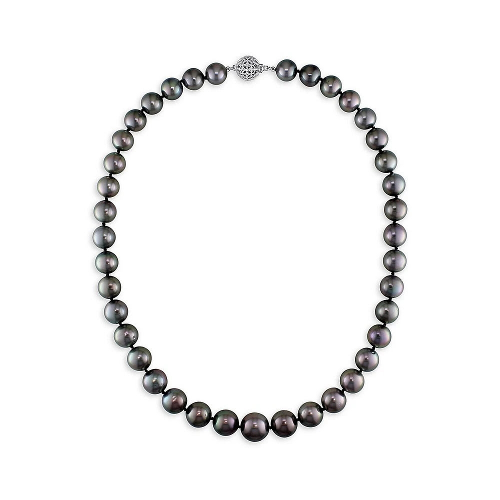 14K White Gold, 0.2 CT. T.W. Diamond Clasp & 10MM-13MM Graduated Black Tahitian Pearl Strand Necklace