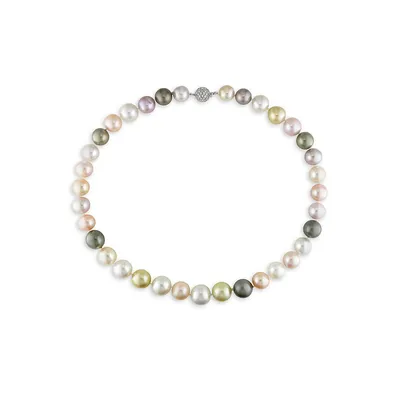 14K White Gold, 0.82 CT. T.W. Diamond Clasp & 10.5MM-13.7MM Multicolour Cultured Freshwater, South Sea & Tahitian Pearl Strand Necklance - 18-Inch