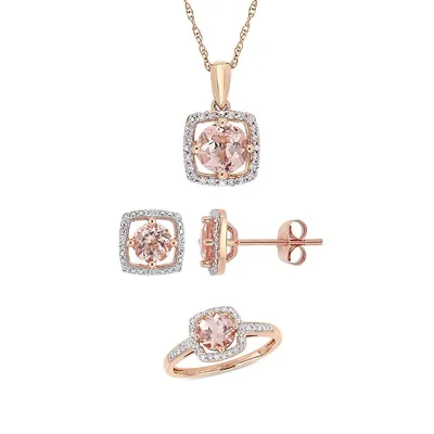 4-Piece 10K Rose Gold, Morganite & 0.3 CT. T.W. Diamond Square Halo Earrings, Necklace Ring Set