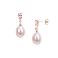 10K Rose Gold, 8MM-8.5MM Pink Cultured Freshwater Pearl, Morganite & 0.04 CT. T.W. Diamond Drop Earrings