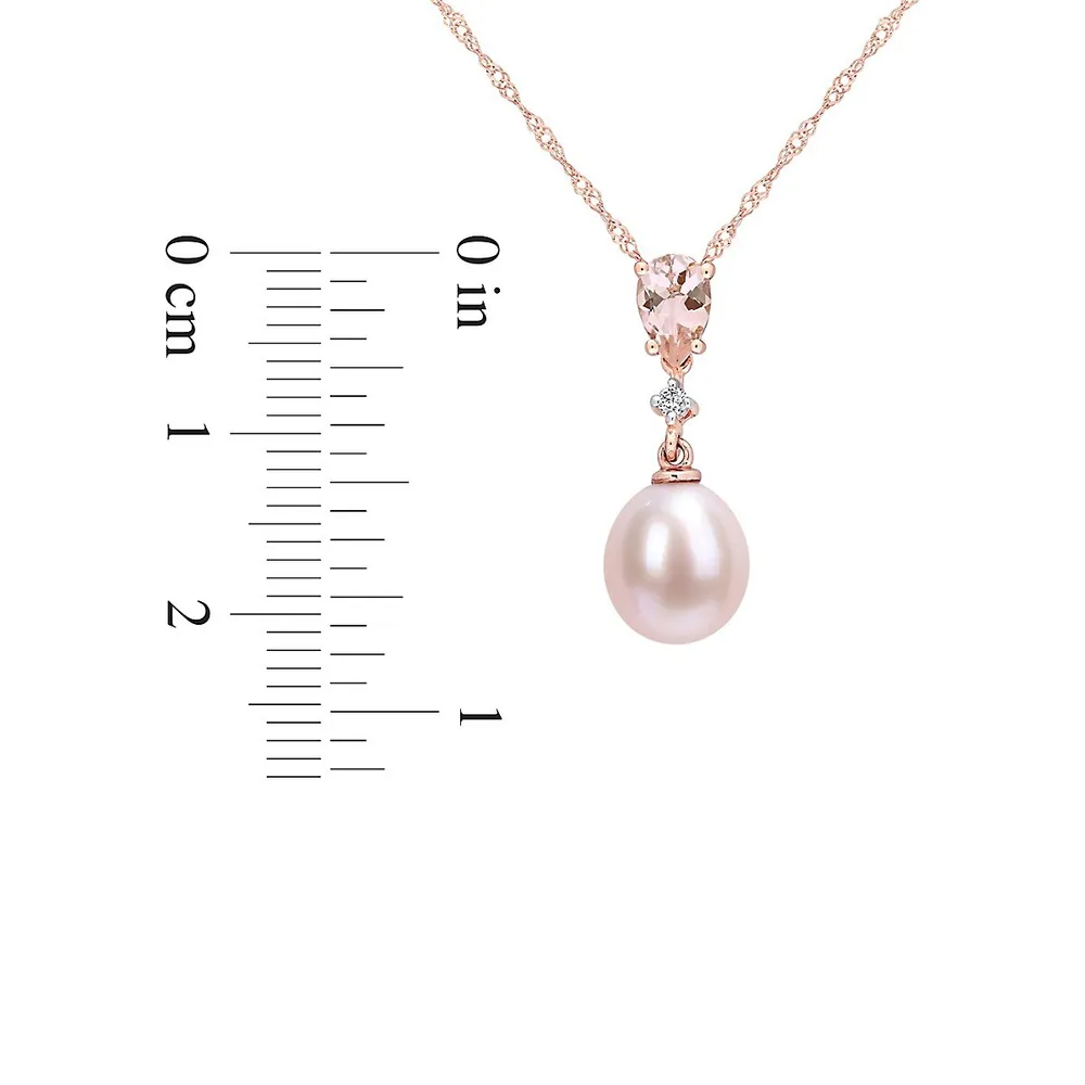 10K Rose Gold, 8MM-8.5MM Pink Cultured Freshwater Pearl, Morganite & 0.02 CT. T.W. Diamond Drop Necklace