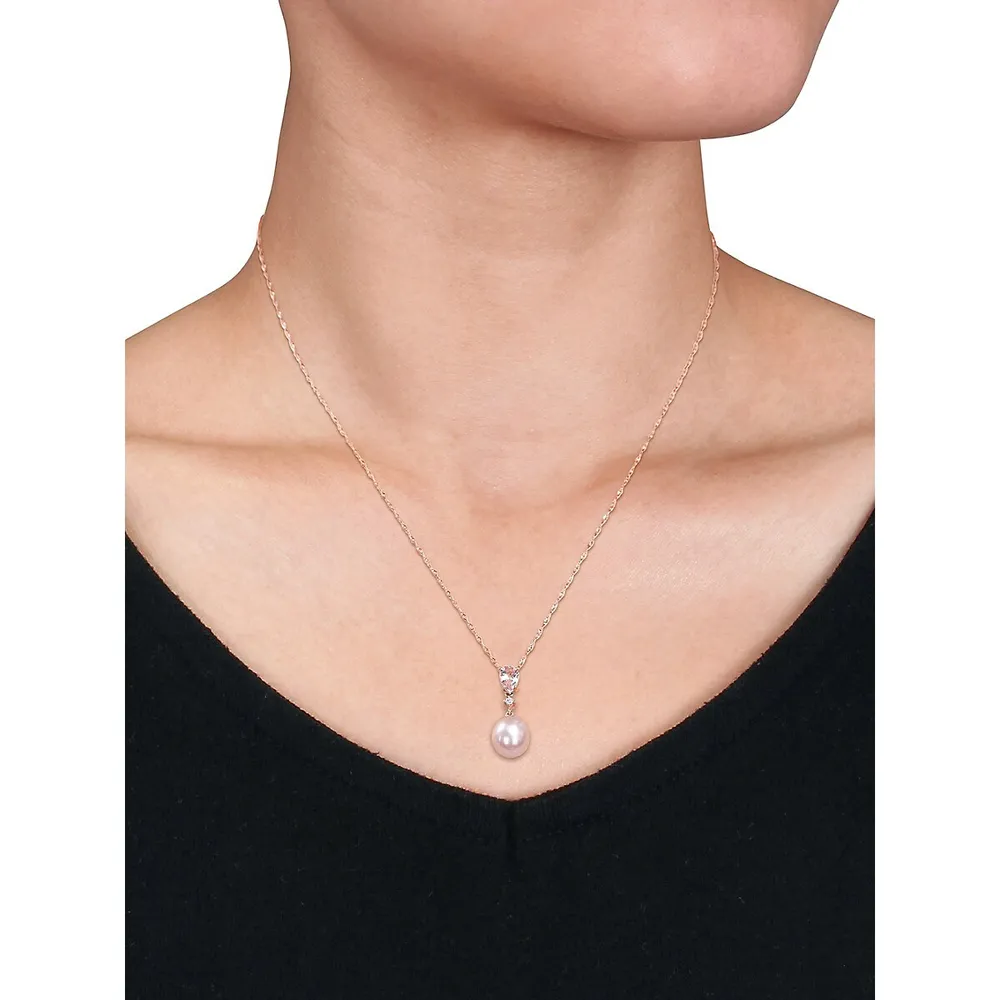 10K Rose Gold, 8MM-8.5MM Pink Cultured Freshwater Pearl, Morganite & 0.02 CT. T.W. Diamond Drop Necklace