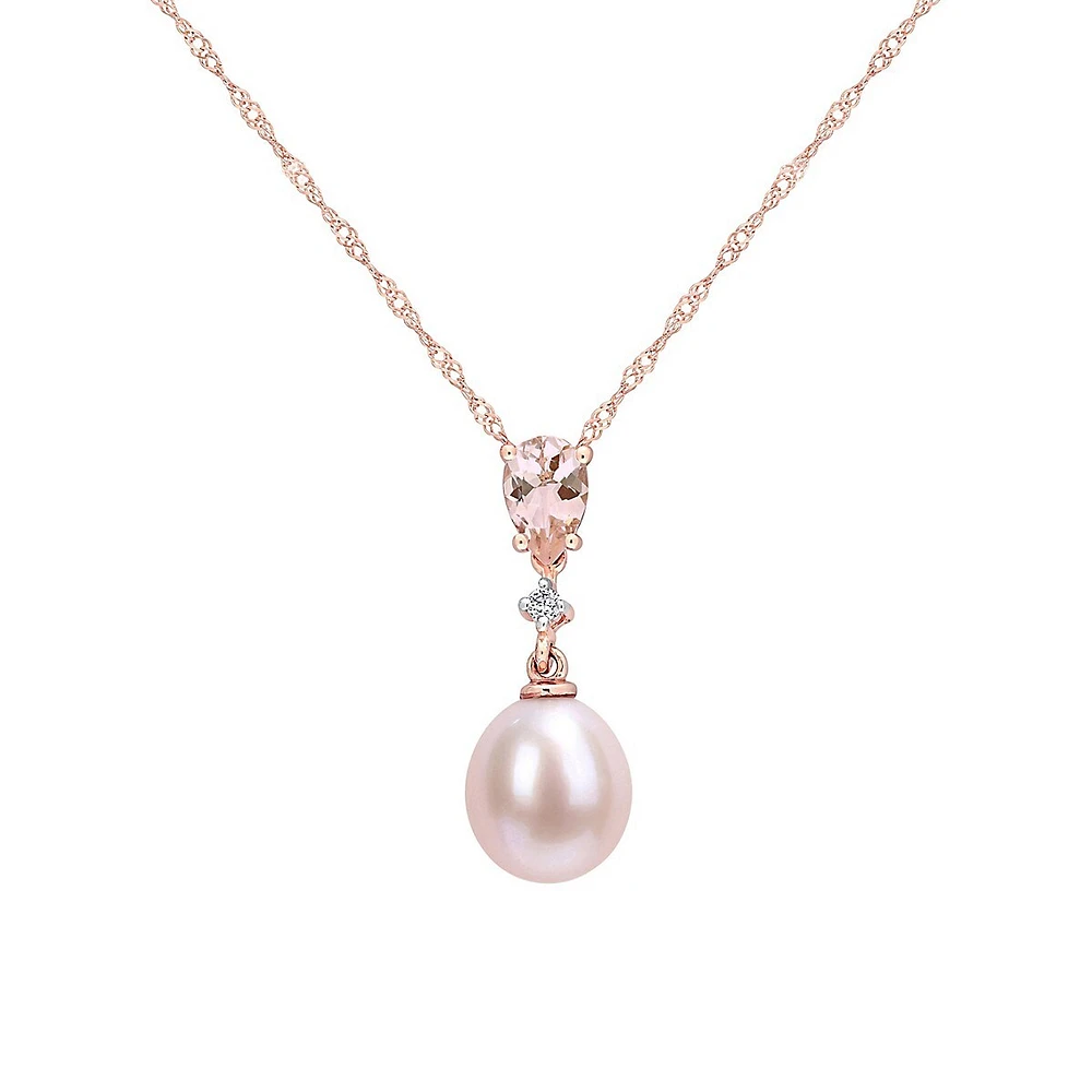 10K Rose Gold, 8MM-8.5MM Pink Cultured Freshwater Pearl, Morganite & 0.02 CT. T.W. Diamond Drop Necklace