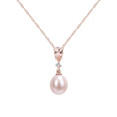 10K Rose Gold, 8MM-8.5MM Pink Cultured Freshwater Pearl, Morganite & 0.02 CT. T.W. Diamond Drop Necklace