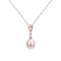 10K Rose Gold, 8MM-8.5MM Pink Cultured Freshwater Pearl, Morganite & 0.02 CT. T.W. Diamond Drop Necklace