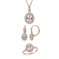 Ensemble de 3 pendentifs, boucles d'oreilles et bagues en or rose 14 ct, morganite, topaze blanche diamants style rétro 0,1 ct PT