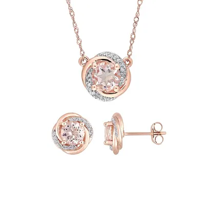 3-Piece 10K Rose Gold, Morganite & 0.2 CT. T.W. Diamond Swirl Halo Earrings & Necklace Set