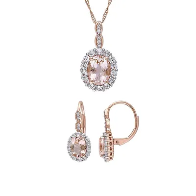 3-Piece 14K Rose Gold, Morganite, White Topaz 0.06 CT. T.W. Diamond Accent Oval Earrings & Necklace Set