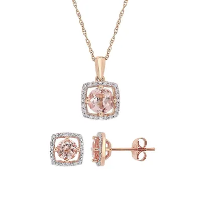 10K Rose Gold, Morganite & 0.16 CT. T.W. Diamond Square Halo Pendant Necklace & Stud Earrings 2-Piece Set
