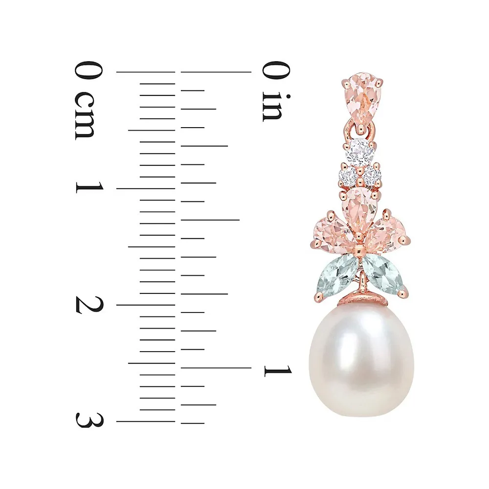 Pendants d'oreilles en argent sterling plaqué or rose 18 ct avec perle d'eau douce de 8,5 à 9 mm et pierres