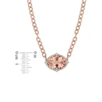 14K Rose Gold, Morganite, White Sapphire & 0.2 CT. T.W. Diamond Halo Necklace