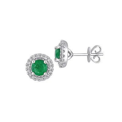14K White Gold, Emerald & 0.3 C.T T.W Diamond Halo Stud Earrings