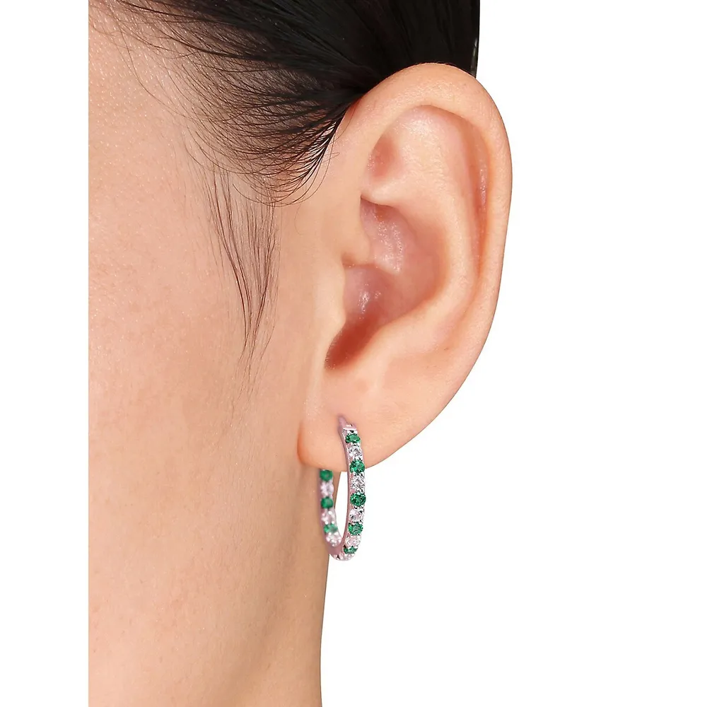 Sterling Silver, Lab-Created Emerald & Lab-Created White Sapphire Hoop Earrings