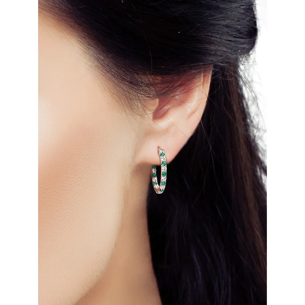 Sterling Silver, Lab-Created Emerald & Lab-Created White Sapphire Hoop Earrings