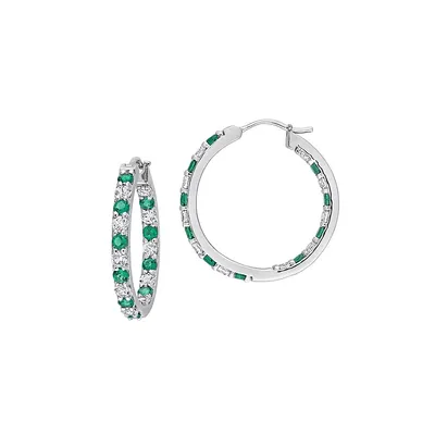 Sterling Silver, Lab-Created Emerald & Lab-Created White Sapphire Hoop Earrings